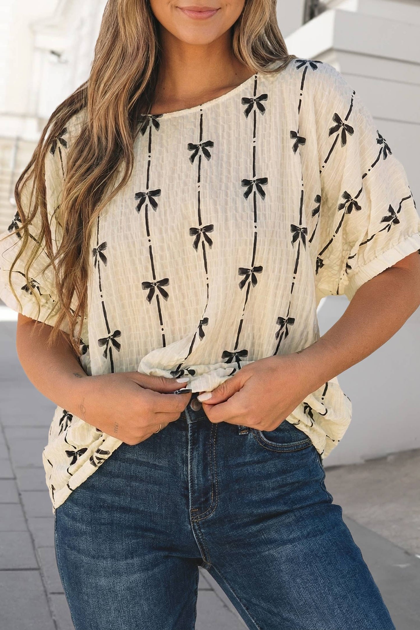 Bow Print Puff Short Sleeve Top