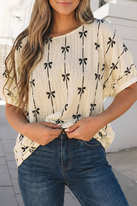 Bow Print Puff Short Sleeve Top