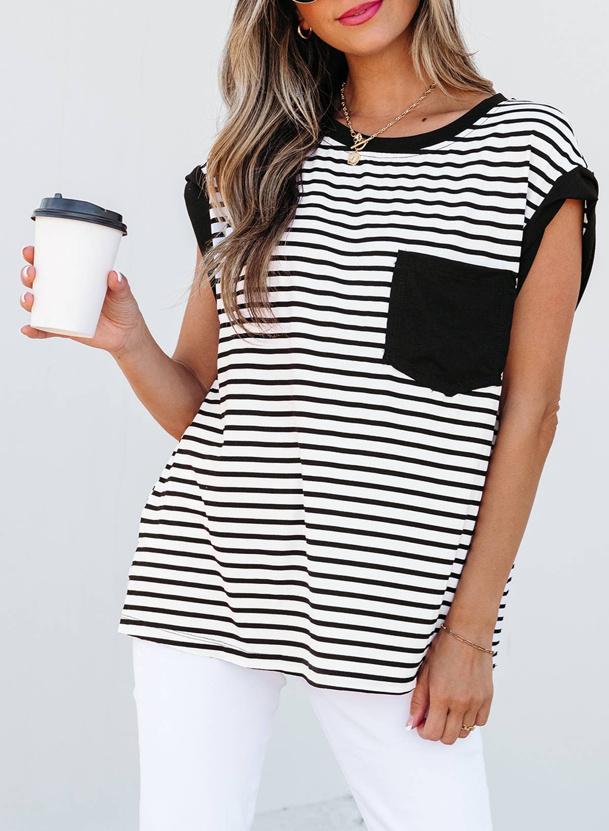 Stripe Round Neck Tank Top: Black