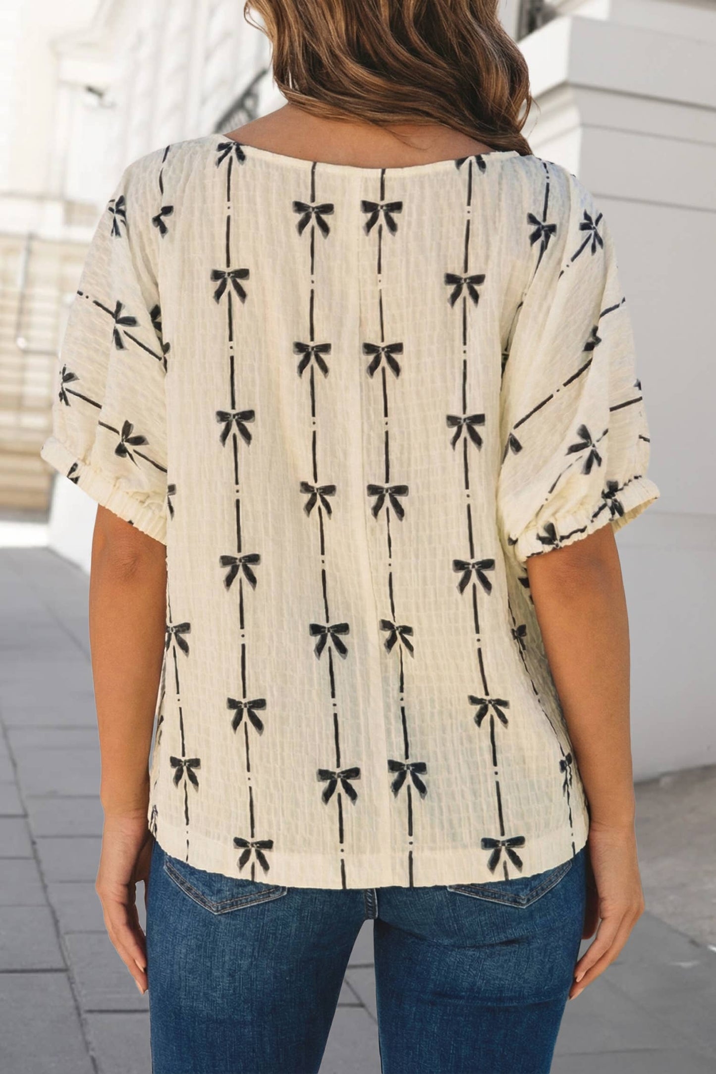 Bow Print Puff Short Sleeve Top