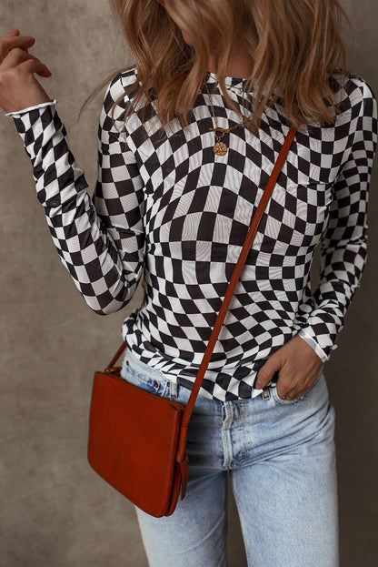 Checkered Mesh Mock Neck