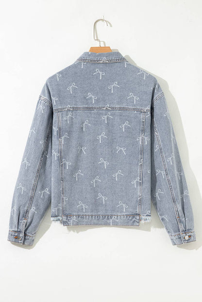 Bow Light Wash Raw Hem Denim Jacket