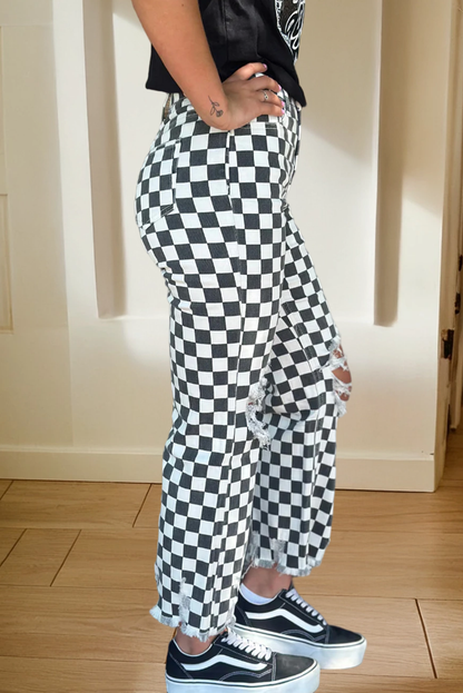 Checker Distressed Raw Edge Cropped Jeans