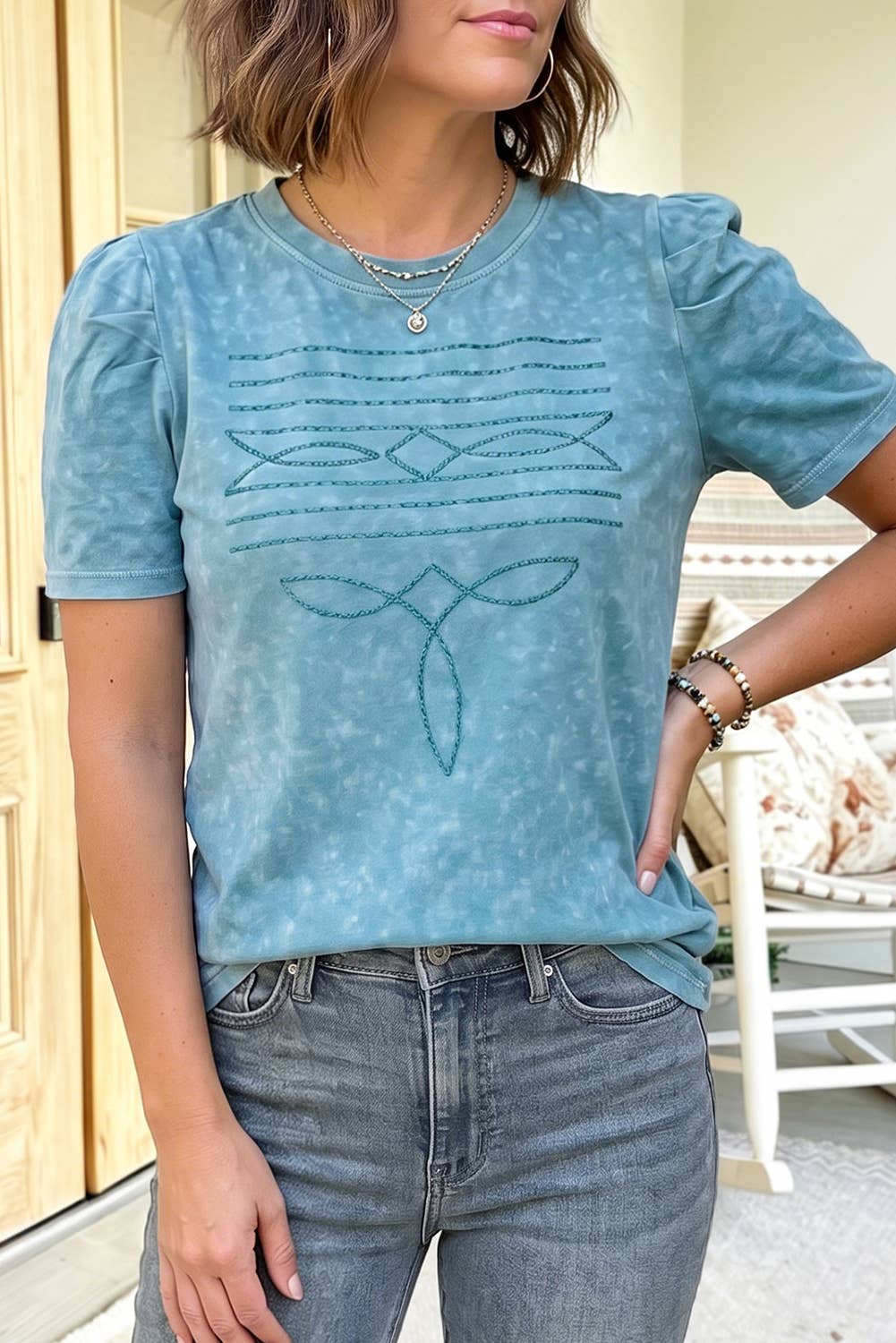 Western Embroidered Puff Sleeve Tee Turquoise