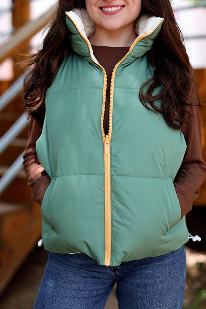 Reversible Quilted Puffer Vest- Olive/Cream