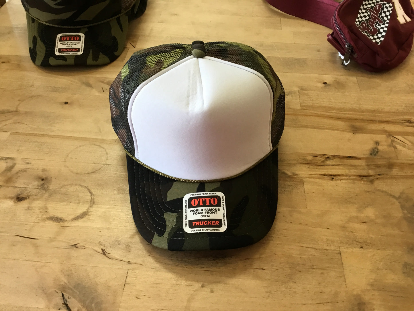 Camo and white adult trucker hat