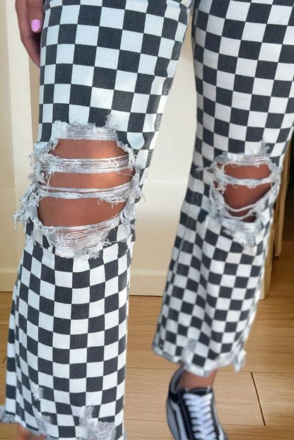 Checker Distressed Raw Edge Cropped Jeans