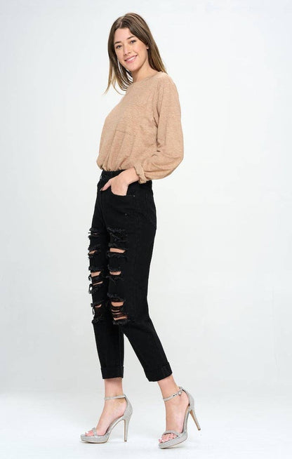 HIGH RISE RIPPED BOYFRIEND JEANS: BLACK