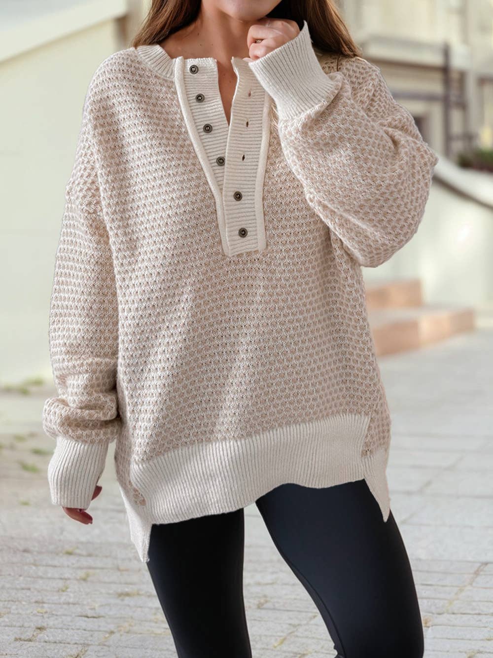 Ribbed Detail Henley Sweater