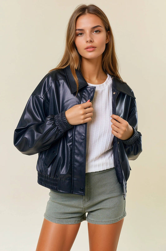 OVERSIZED VEGAN LEATHER BOMBER JACKET - Black