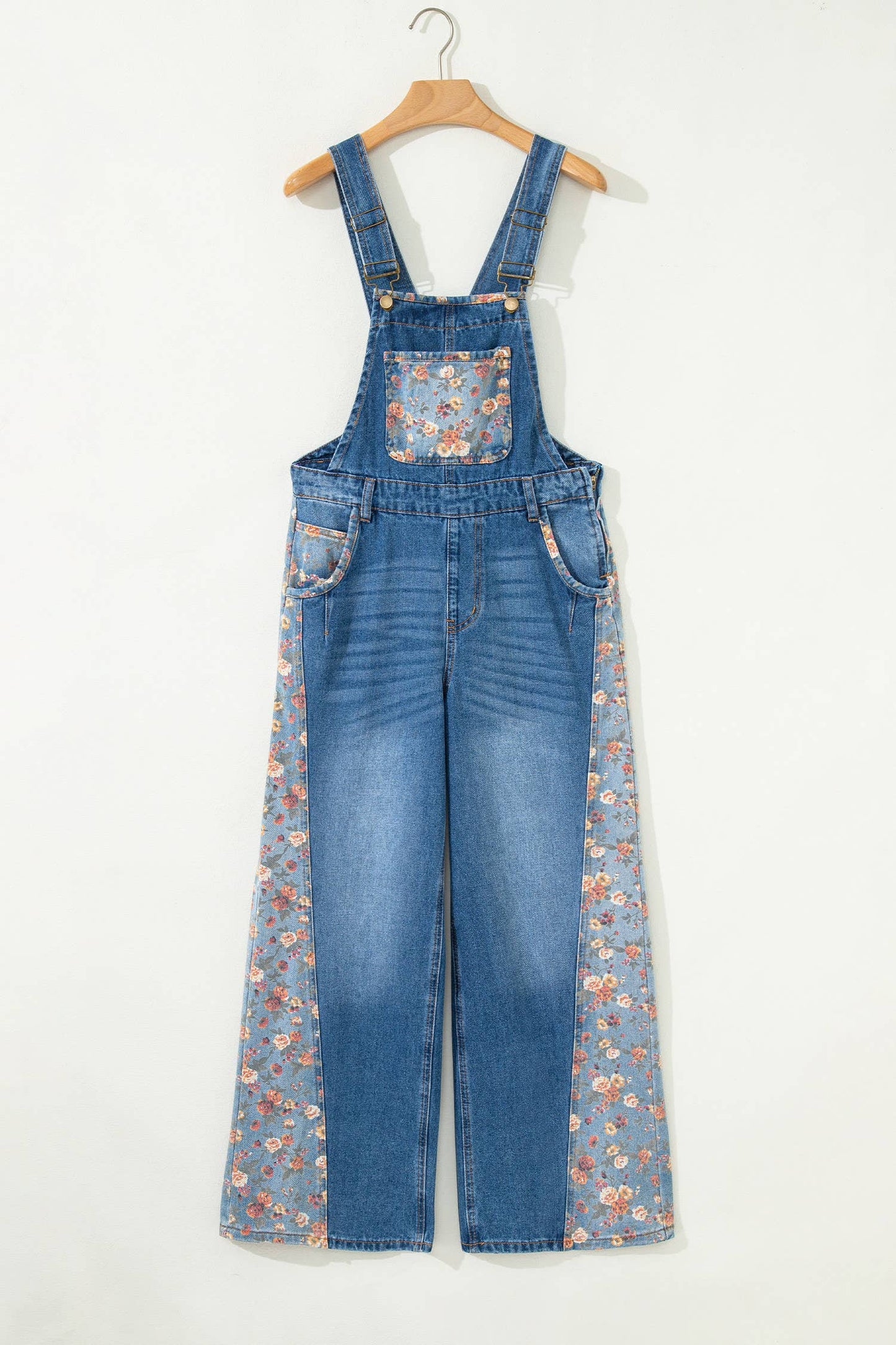 Floral Patchwork Denim Wide Leg Overalls