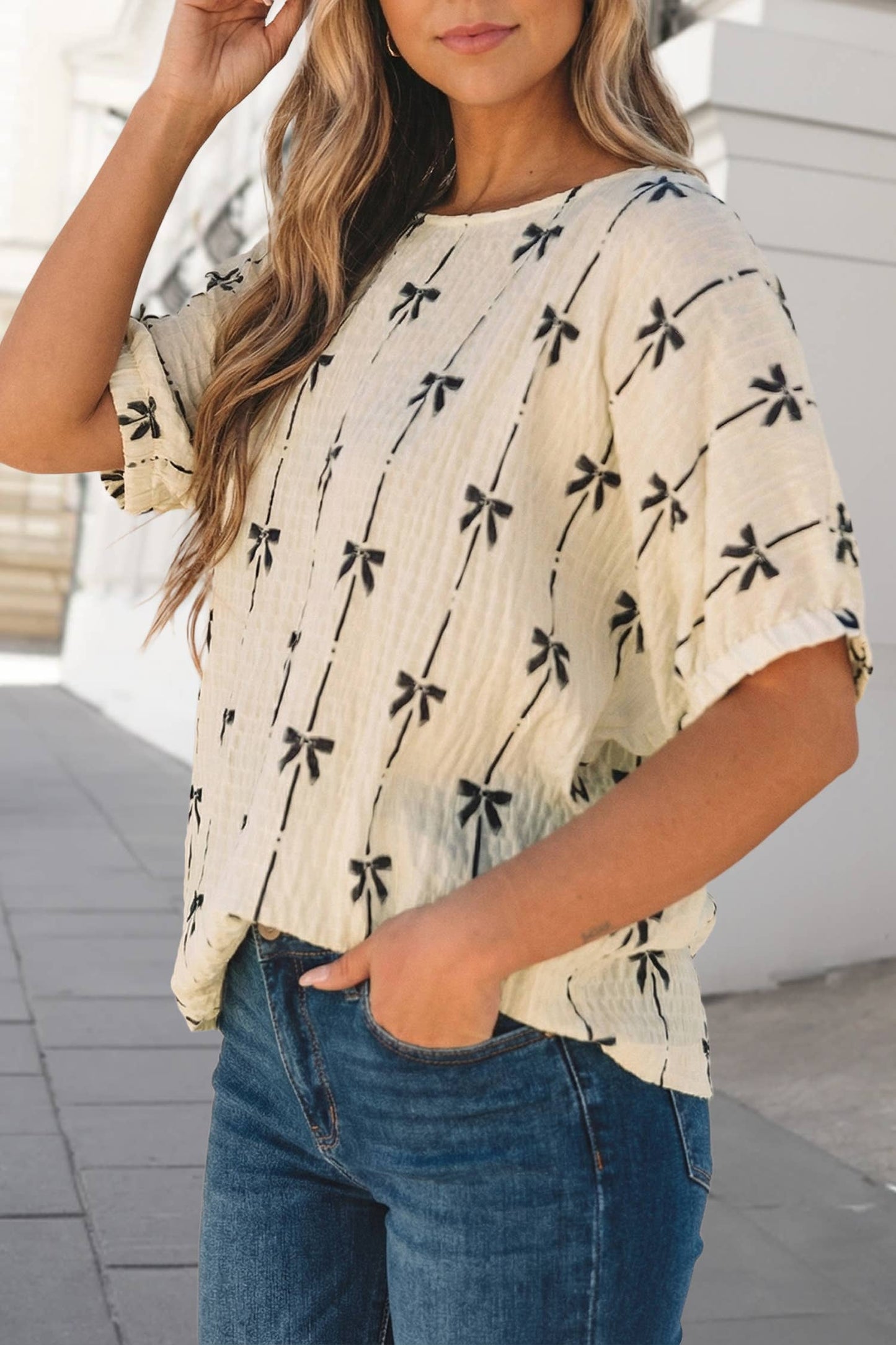 Bow Print Puff Short Sleeve Top