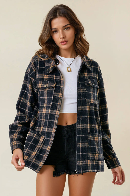 BRUSHED PLAID OVERSIZED ZIP UP SHIRT JACKET - BLACK