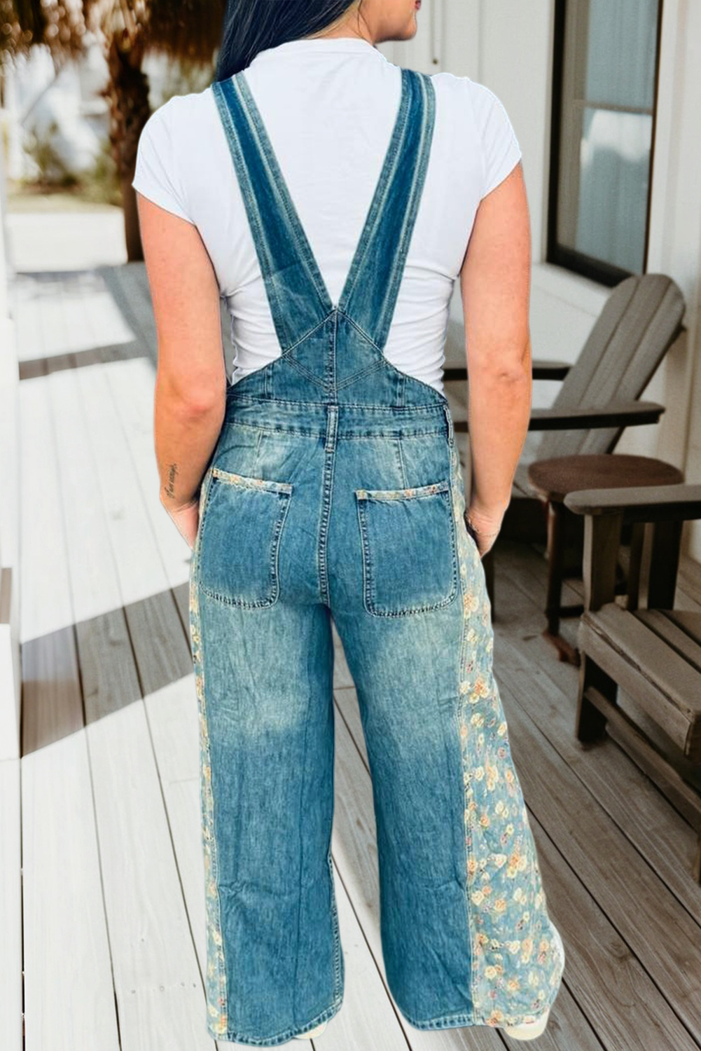 Floral Patchwork Denim Wide Leg Overalls