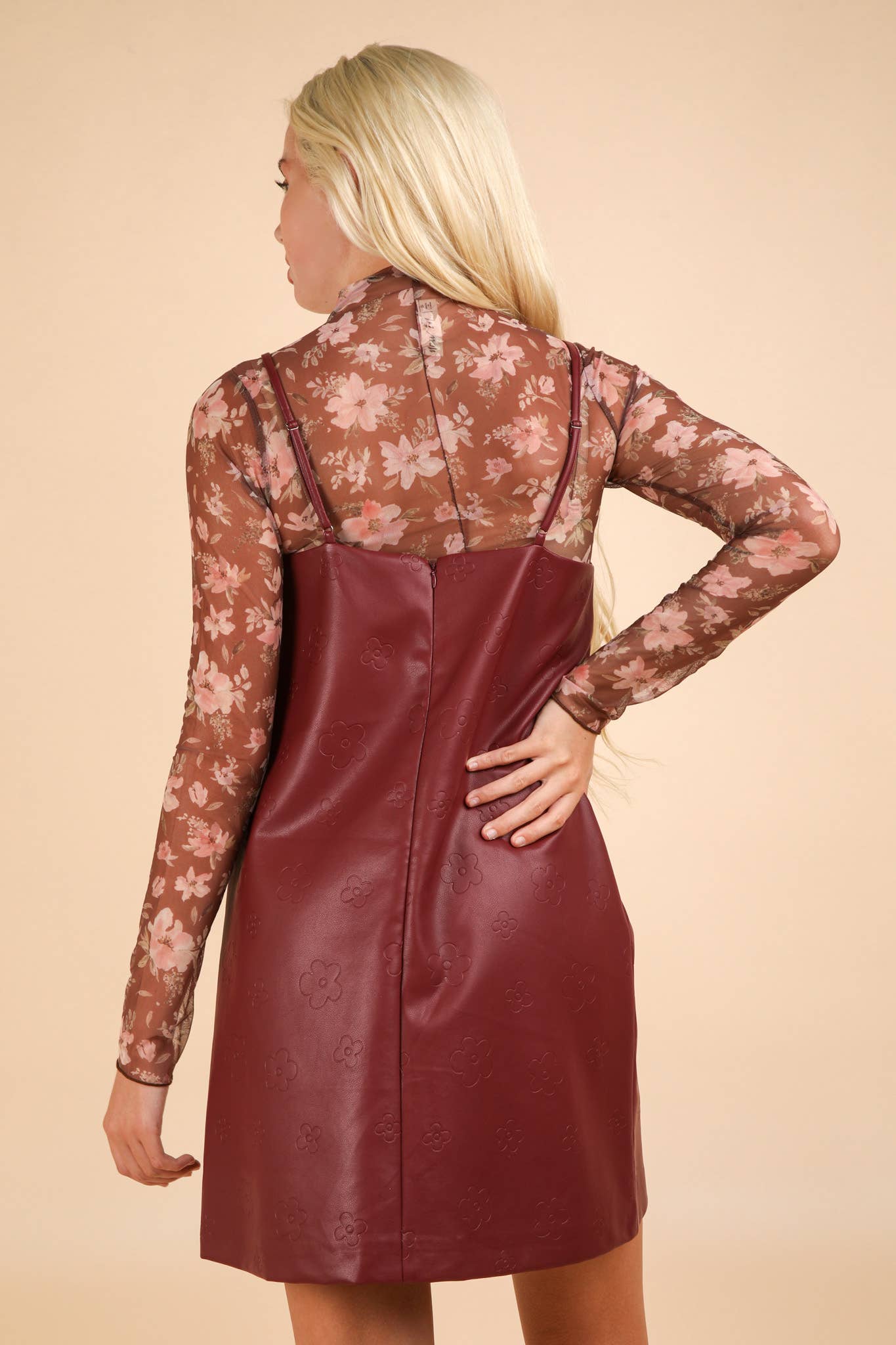 Floral Textured Faux Leather Mini Dress: WINE