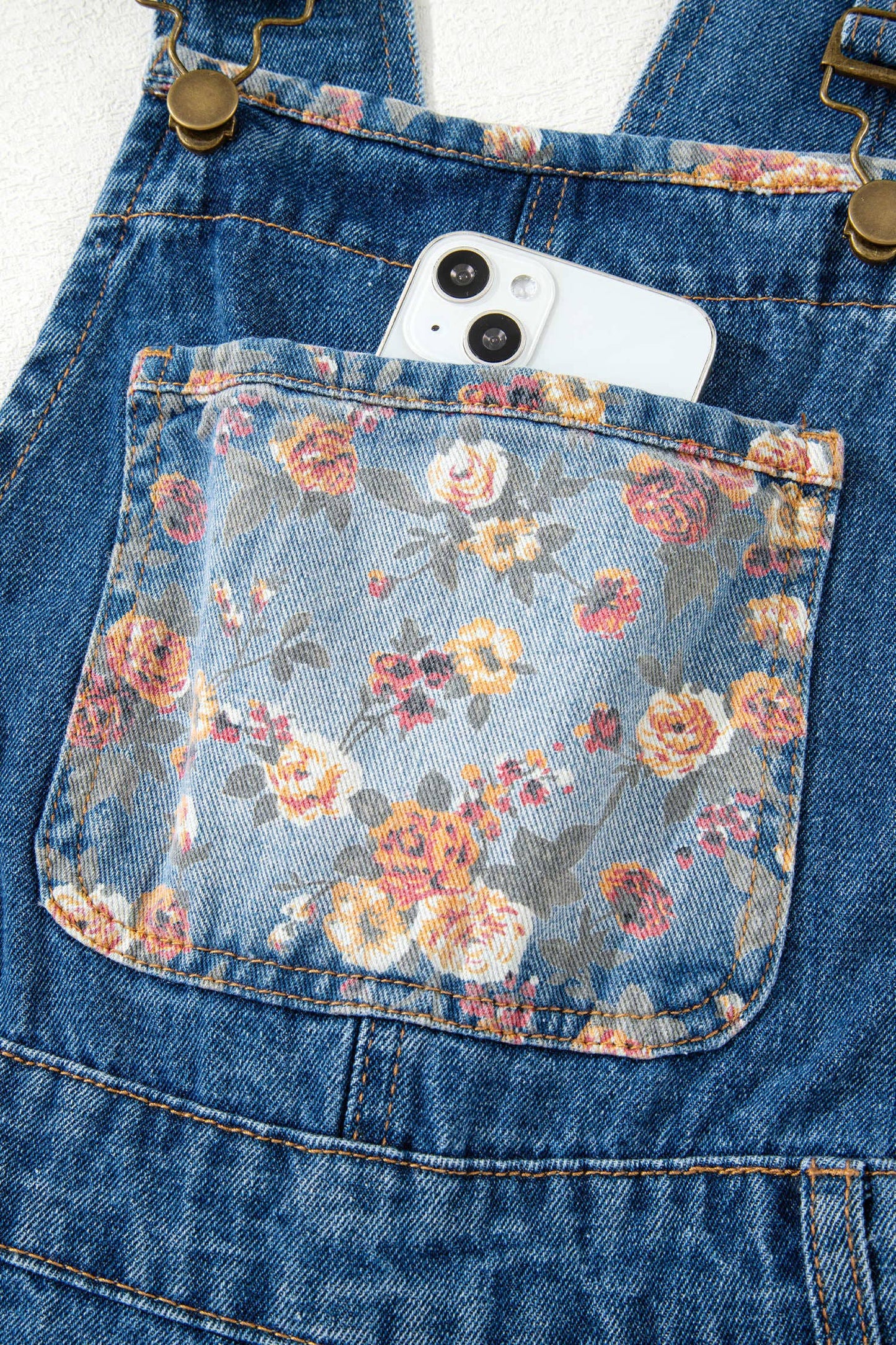 Floral Patchwork Denim Wide Leg Overalls