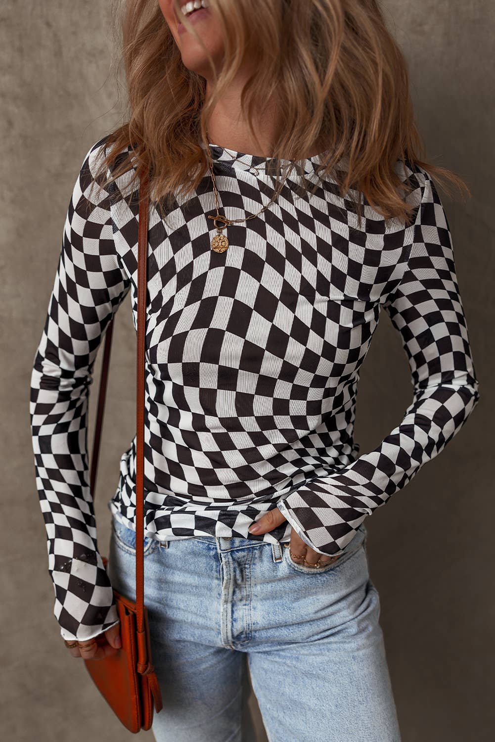 Checkered Mesh Mock Neck