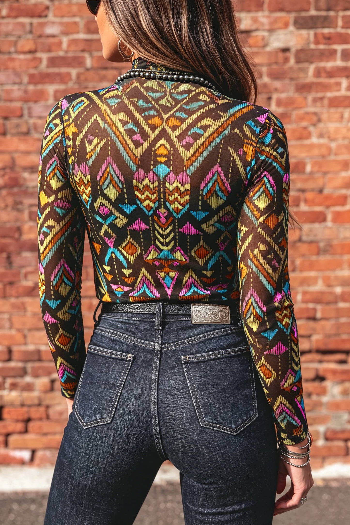 Abstract Pattern Mock Neck Mesh Top