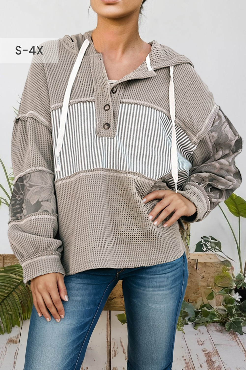 Waffle Patchwork Hooded Top - Gray
