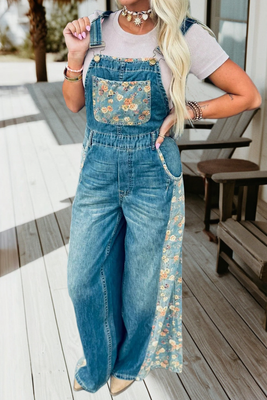 Floral Patchwork Denim Wide Leg Overalls