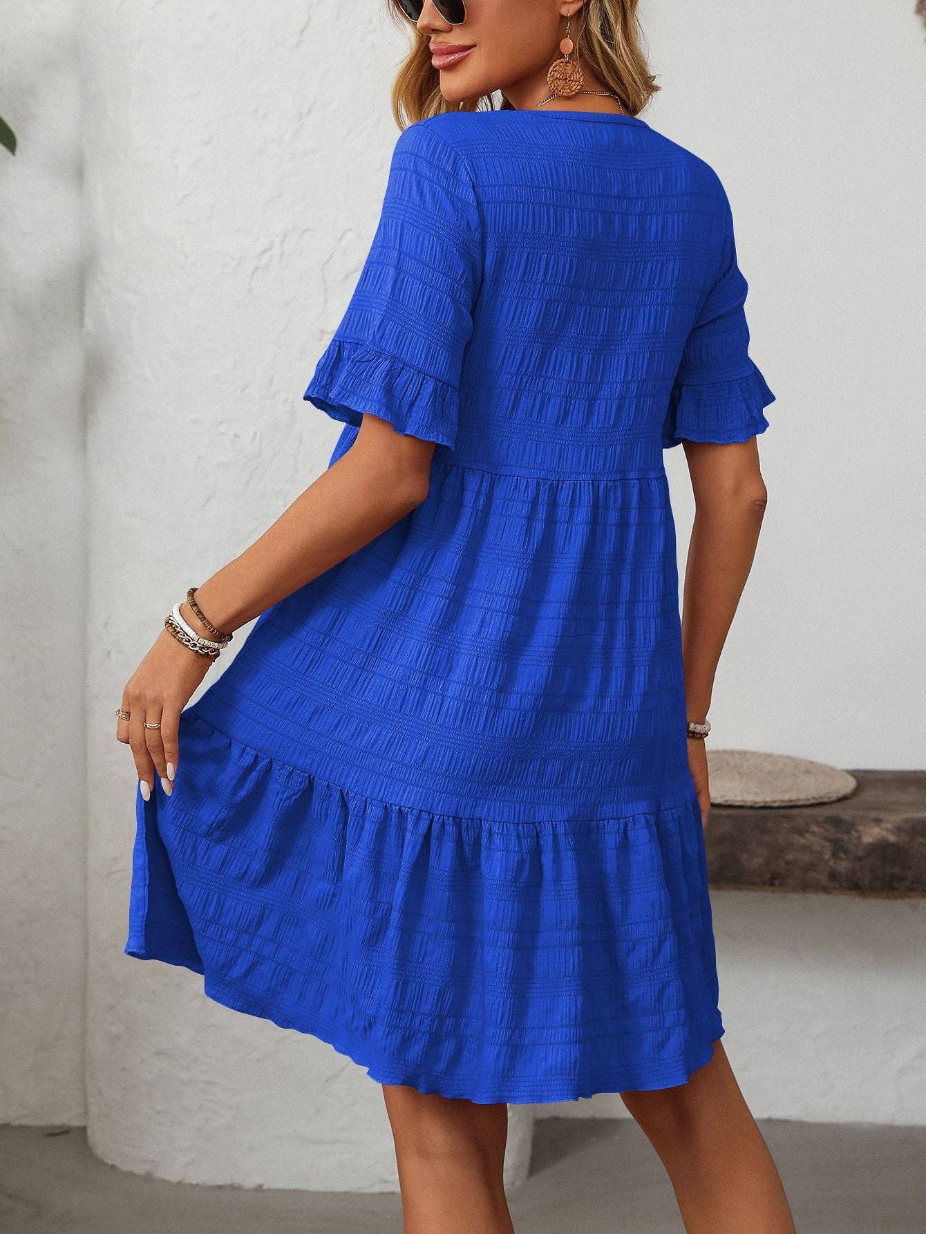 Ruffle Sleeve A Line Tiered Flowy Mini Dress: Color blue