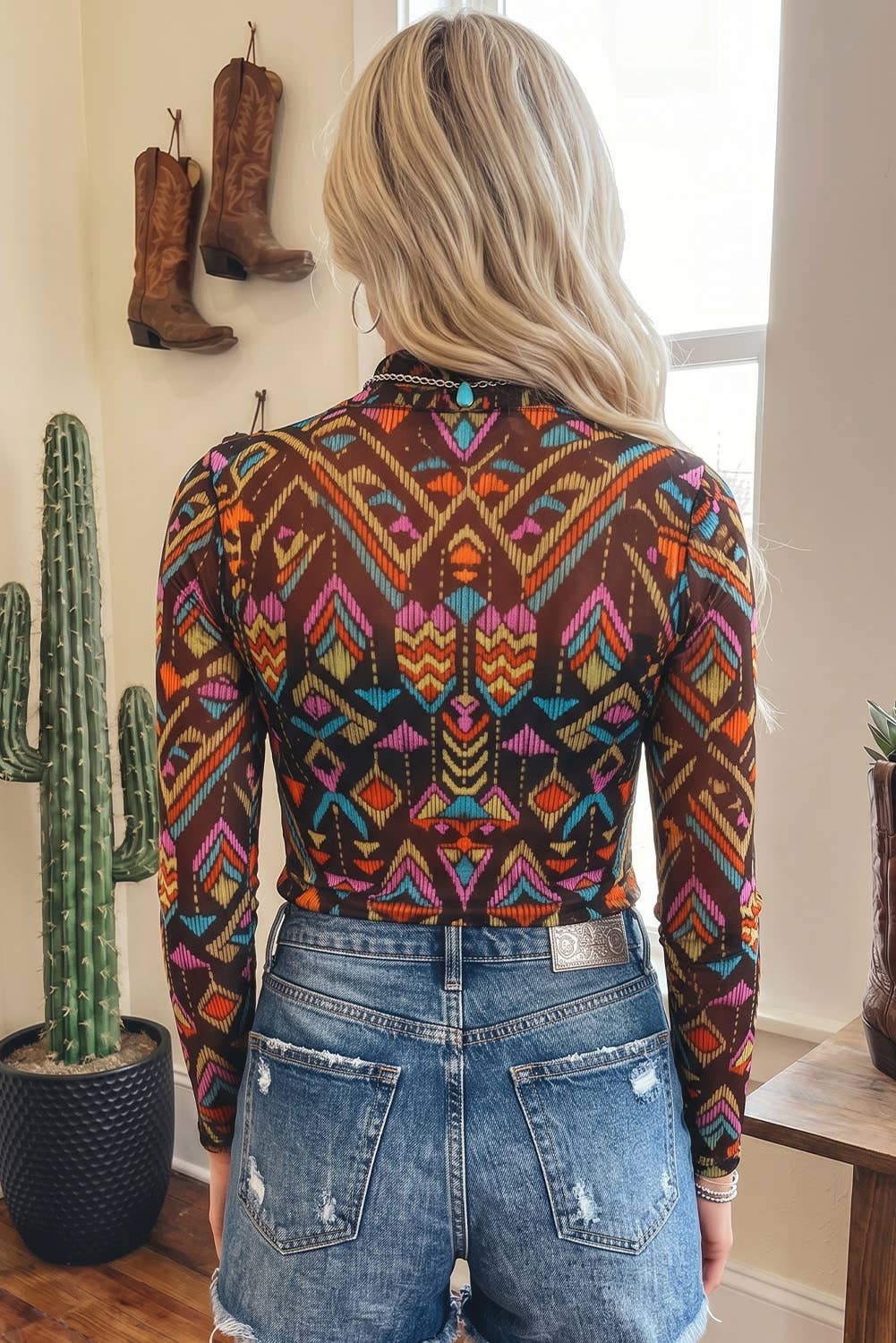 Abstract Pattern Mock Neck Mesh Top
