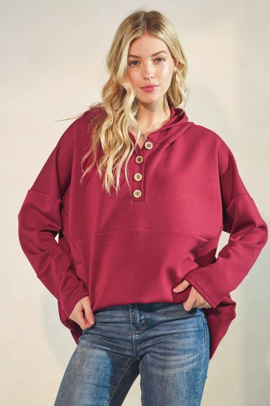 SOLID MODAL SCUBA BOTTON UP HOODIE KANGAROO: Burgundy