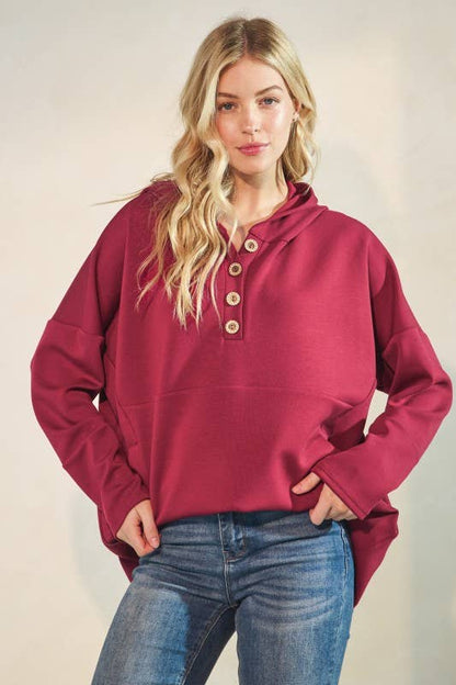 SOLID MODAL SCUBA BOTTON UP HOODIE KANGAROO: Burgundy