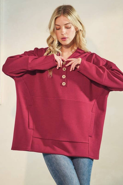 SOLID MODAL SCUBA BOTTON UP HOODIE KANGAROO: Burgundy