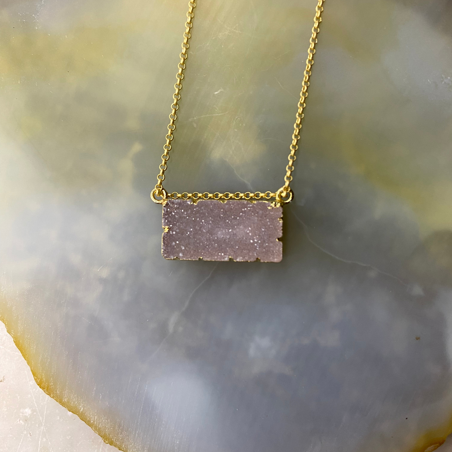 Druzy Agate Rectangle Bar Matte Gold Necklace