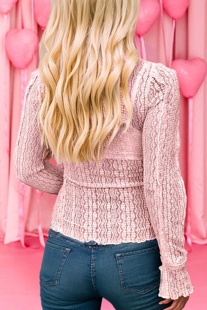 Lace Flounced Mock Neck - Pink