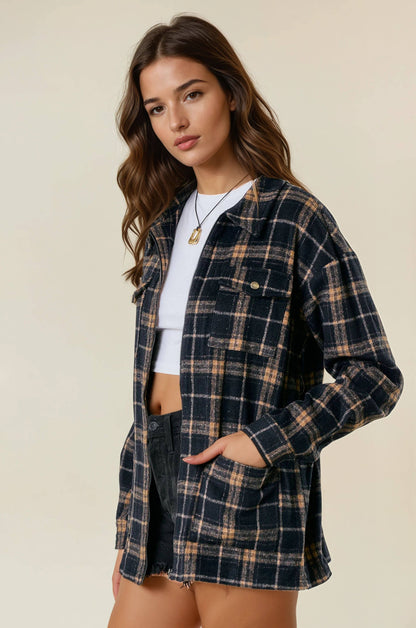BRUSHED PLAID OVERSIZED ZIP UP SHIRT JACKET - BLACK