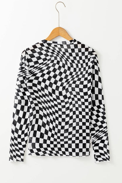 Checkered Mesh Mock Neck