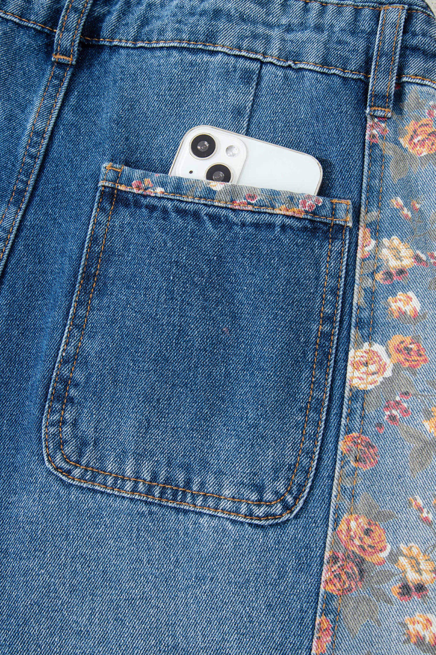 Floral Patchwork Denim Wide Leg Overalls