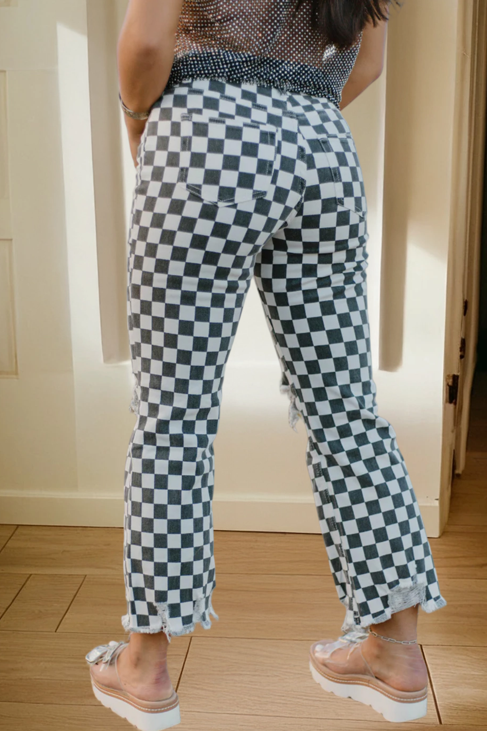 Checker Distressed Raw Edge Cropped Jeans
