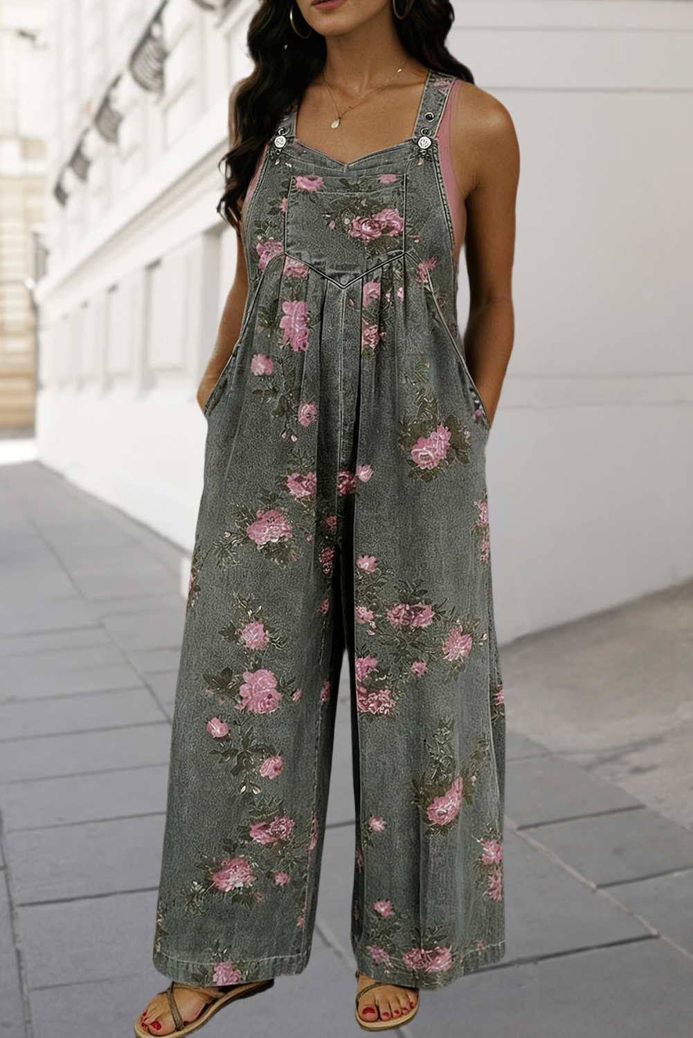 Floral Wide Leg Denim Jumpsuit