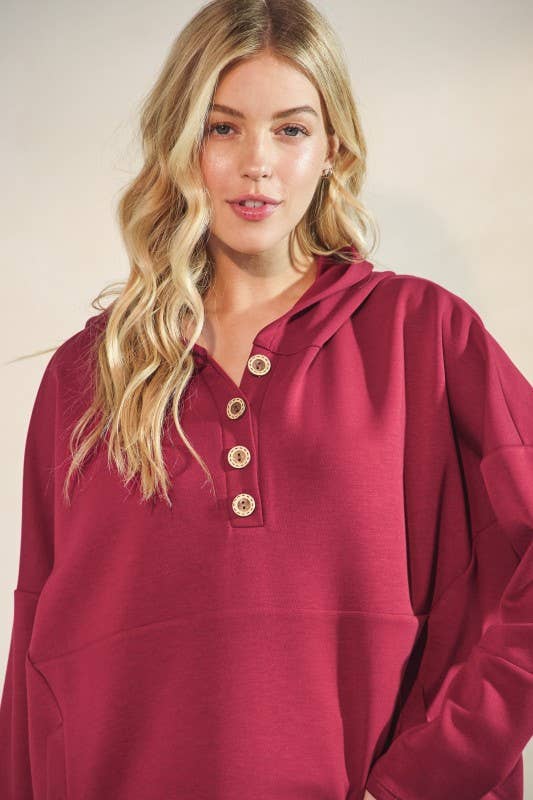 SOLID MODAL SCUBA BOTTON UP HOODIE KANGAROO: Burgundy