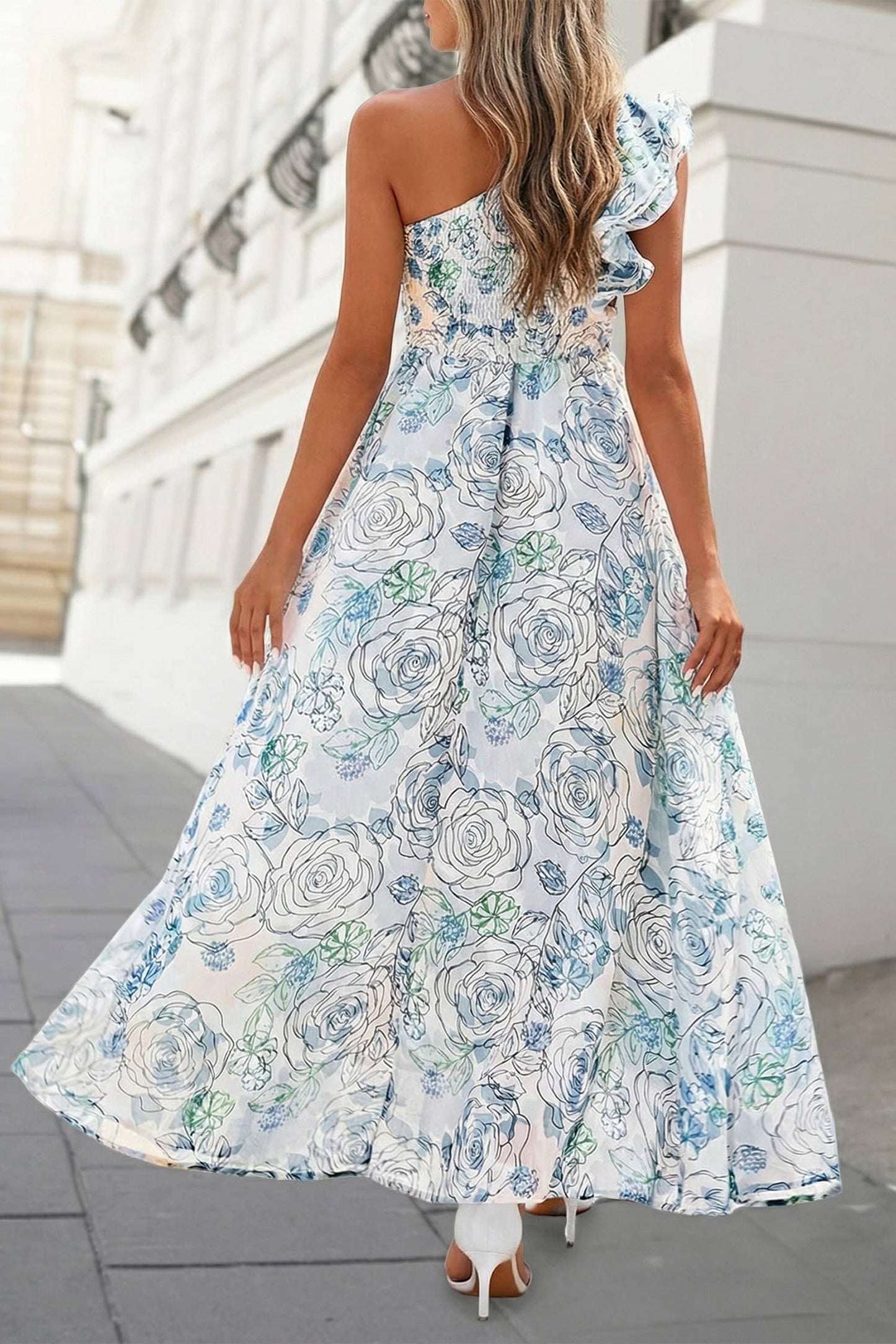 Floral One Shoulder Maxi Dress Sky Blue