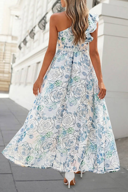 Floral One Shoulder Maxi Dress Sky Blue
