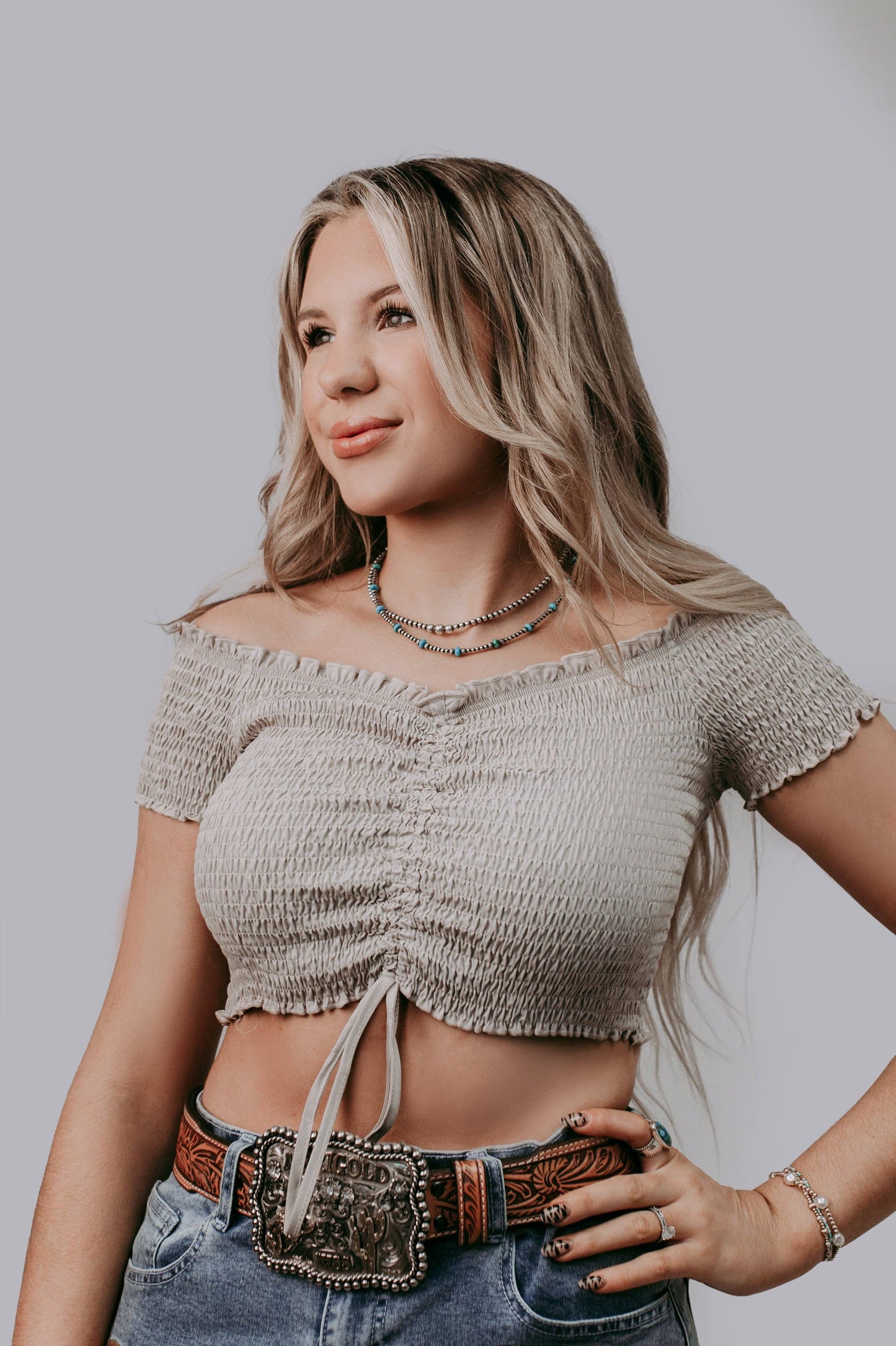 Front Tie Off Should Crop Top: Taupe