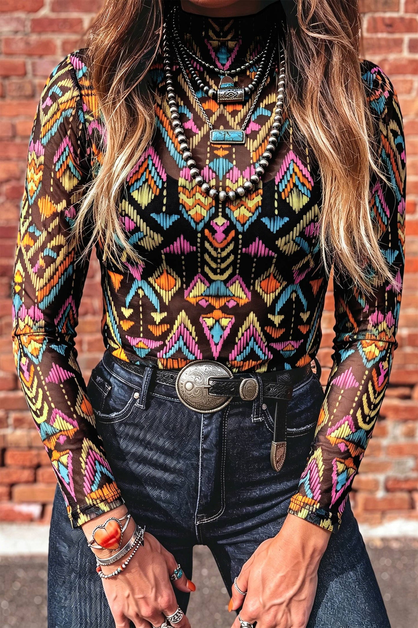 Abstract Pattern Mock Neck Mesh Top