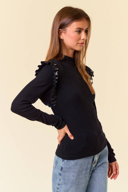 Mock Neck PU Ruffled Long Sleeve Top - Black
