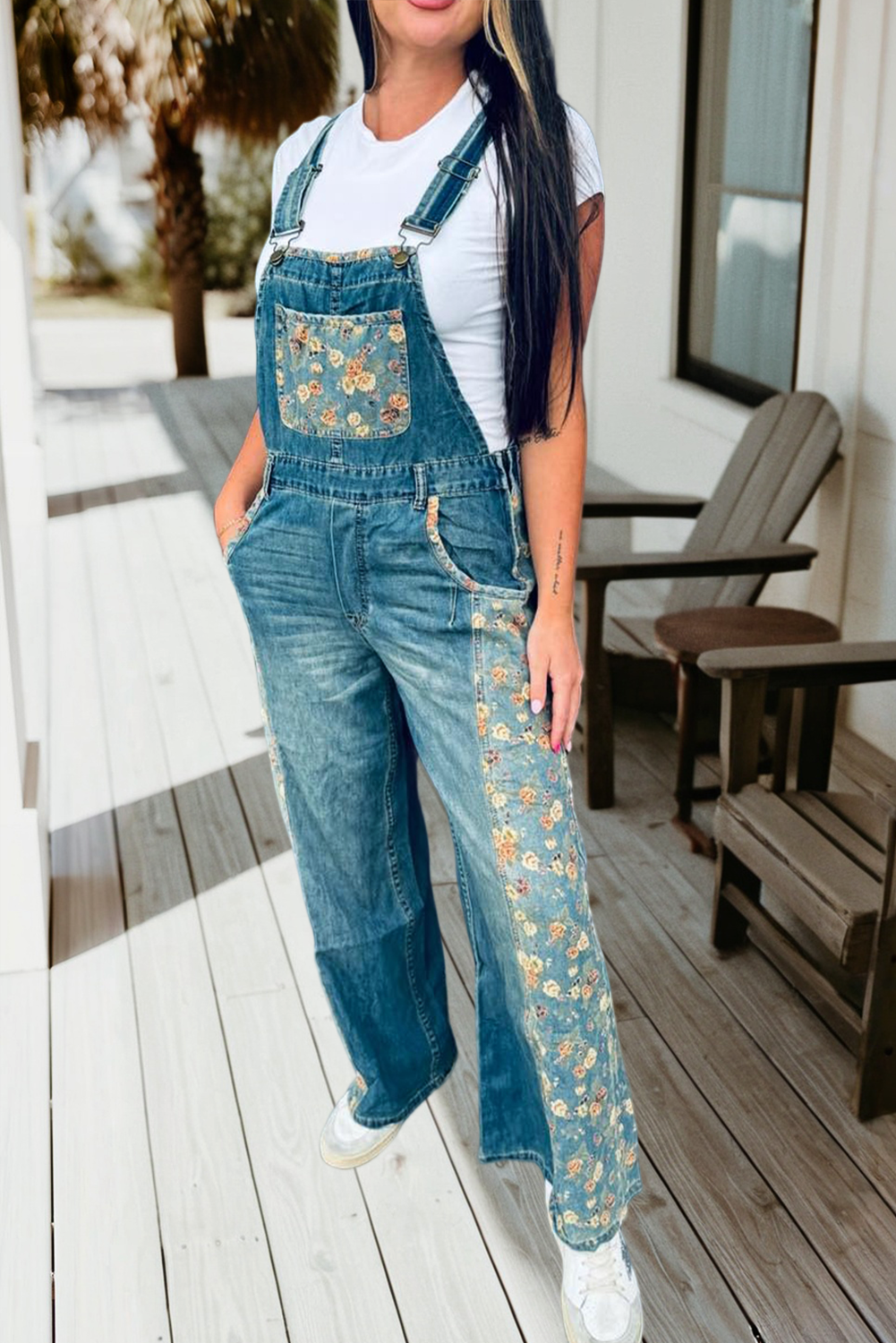 Floral Patchwork Denim Wide Leg Overalls