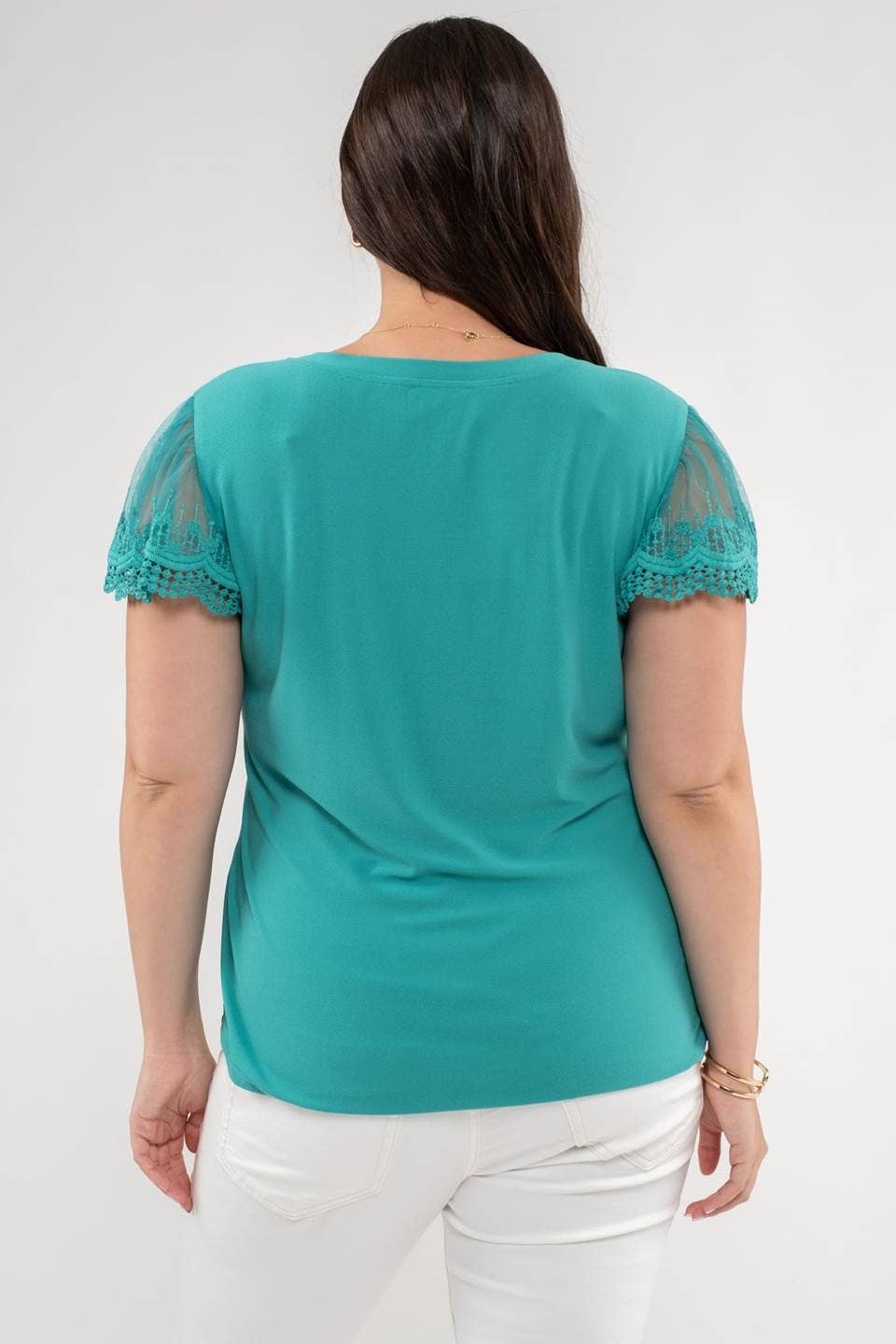 PLUS LACE SLEEVE KNIT TOP: EMERALD