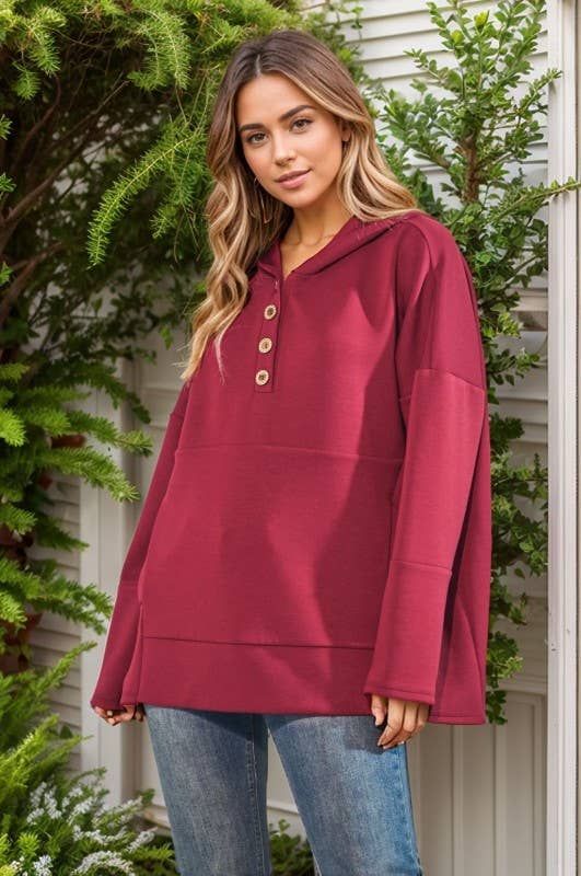 SOLID MODAL SCUBA BOTTON UP HOODIE KANGAROO: Burgundy