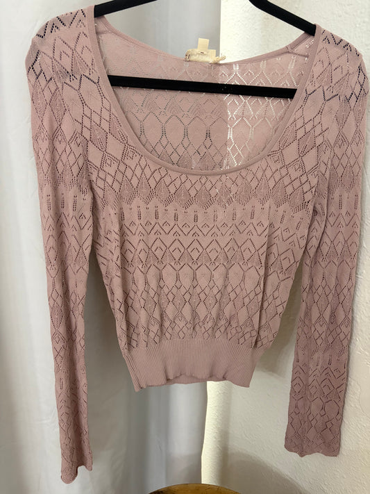 Square Neck Open Work Knit Sweater - Rosewood