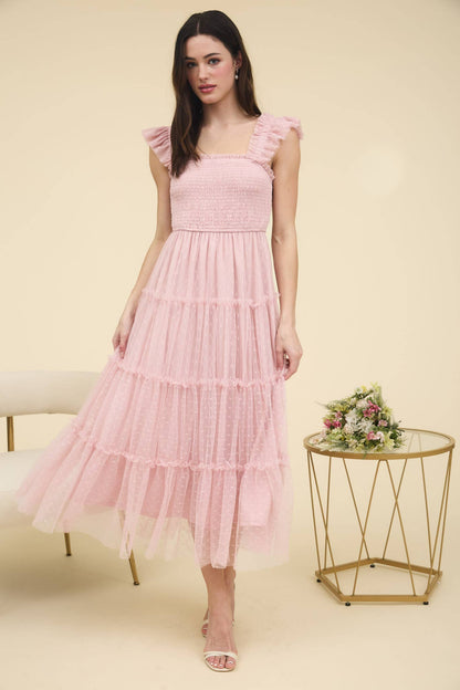 POLKA DOT CHIFFON SMOCKED TIERED MIDI DRESS: PINK
