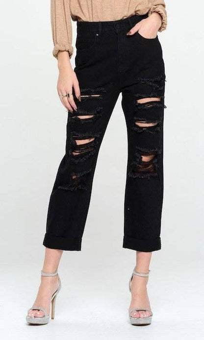 HIGH RISE RIPPED BOYFRIEND JEANS: BLACK
