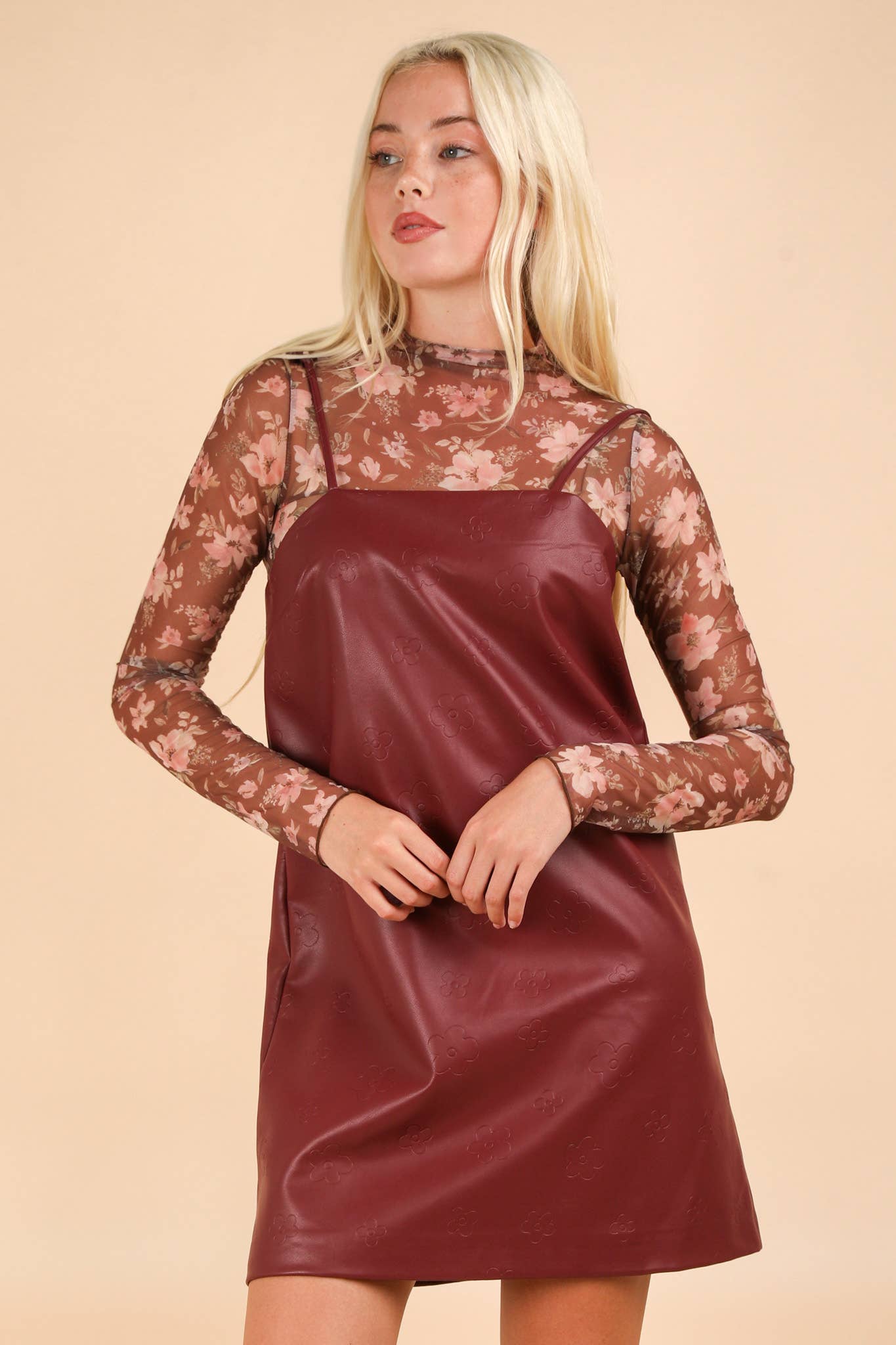 Floral Textured Faux Leather Mini Dress: WINE