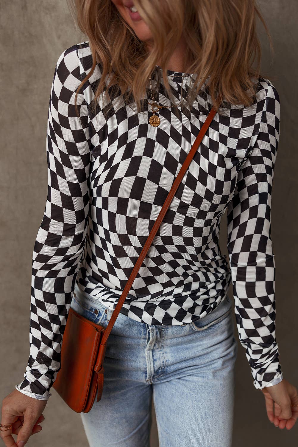 Checkered Mesh Mock Neck
